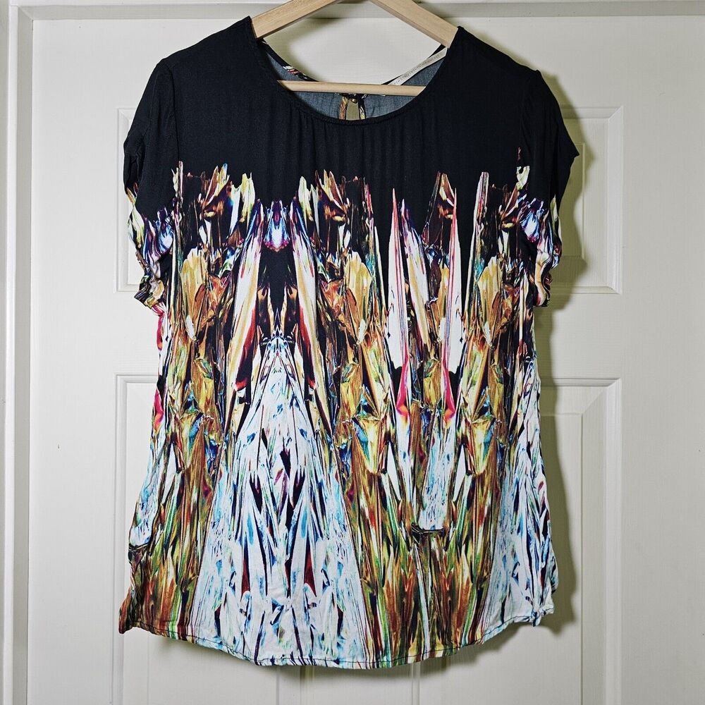 Twelfth Street By Cynthia Vincent Top Tunic Black Colorful Print Medium